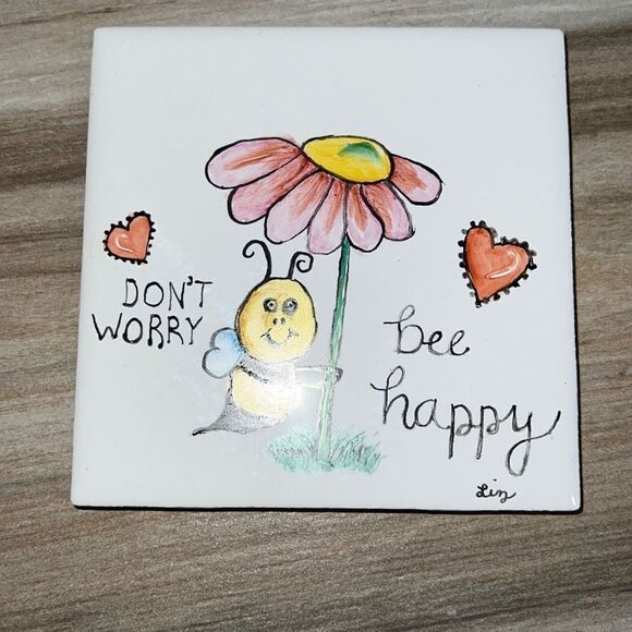 Hand Painted Tile Trivet With Cork Back Don’t Worry Bee Happy - Picture 1 of 6